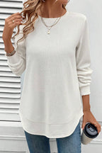 White Rounded Hem Waffle Long Sleeve Top - Goddess Vibes