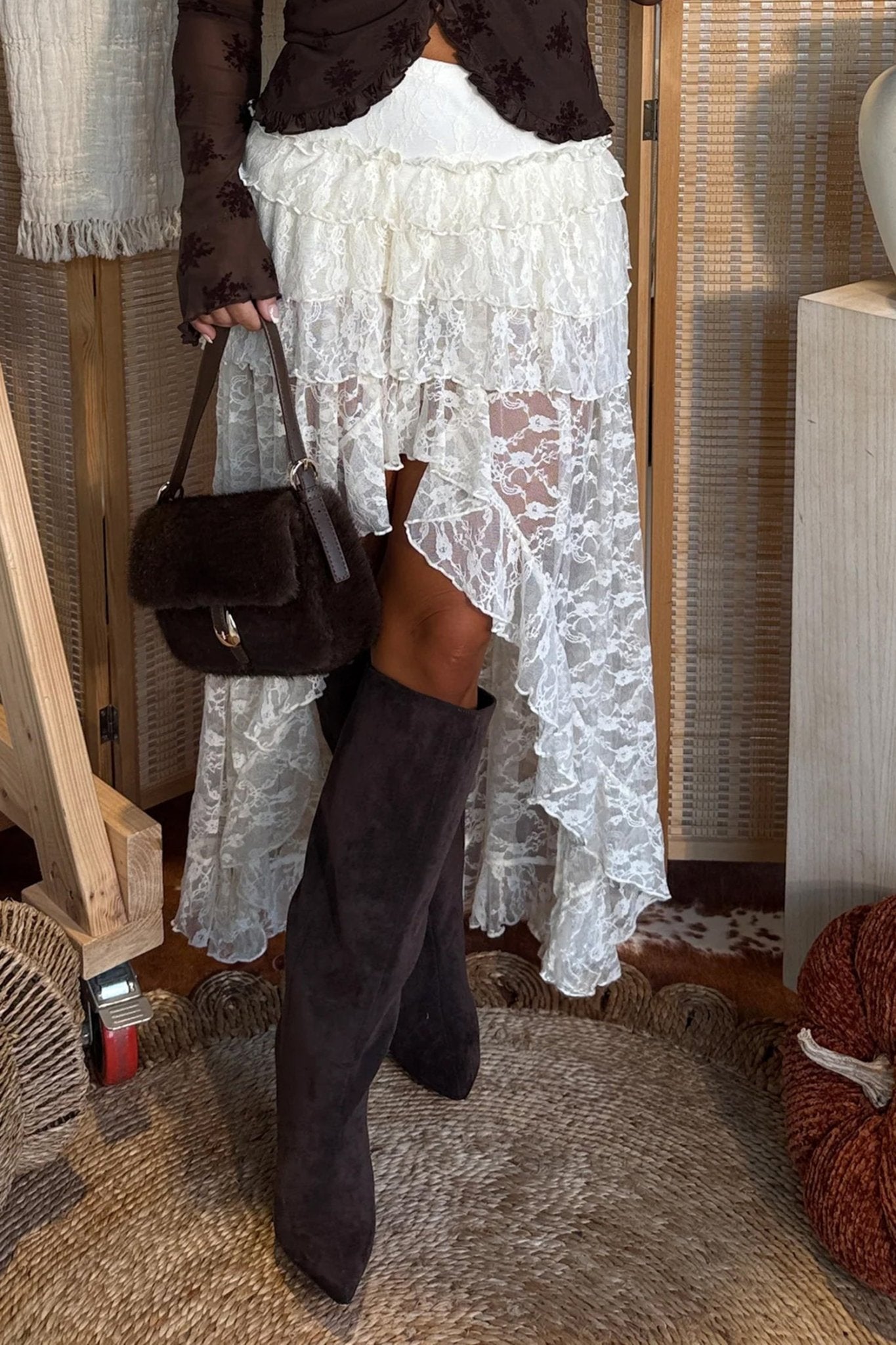 White Sheer Lace Frilly Ruffles High Low Long Skirt - Crowned Energy CO.