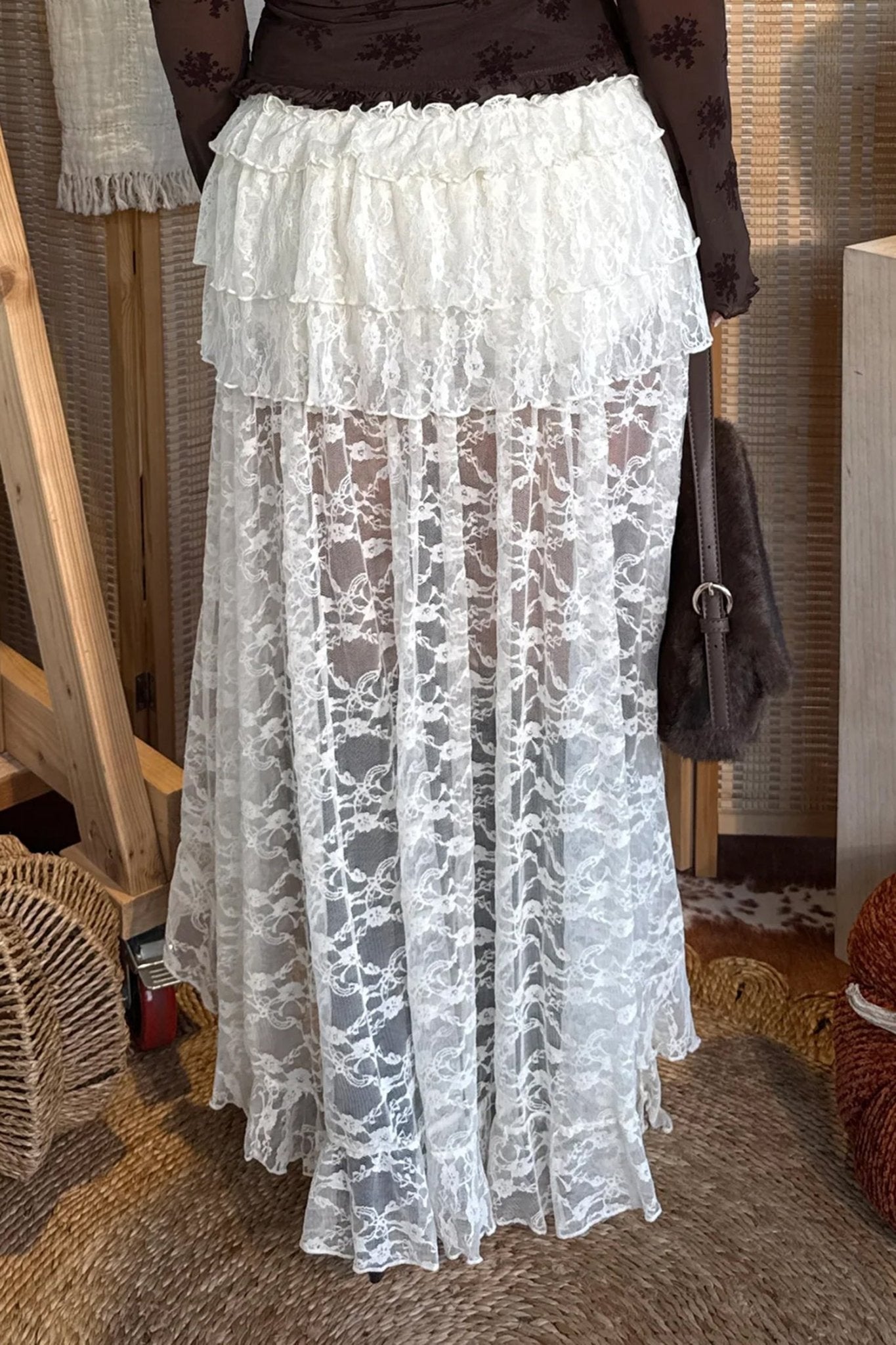 White Sheer Lace Frilly Ruffles High Low Long Skirt - Crowned Energy CO.