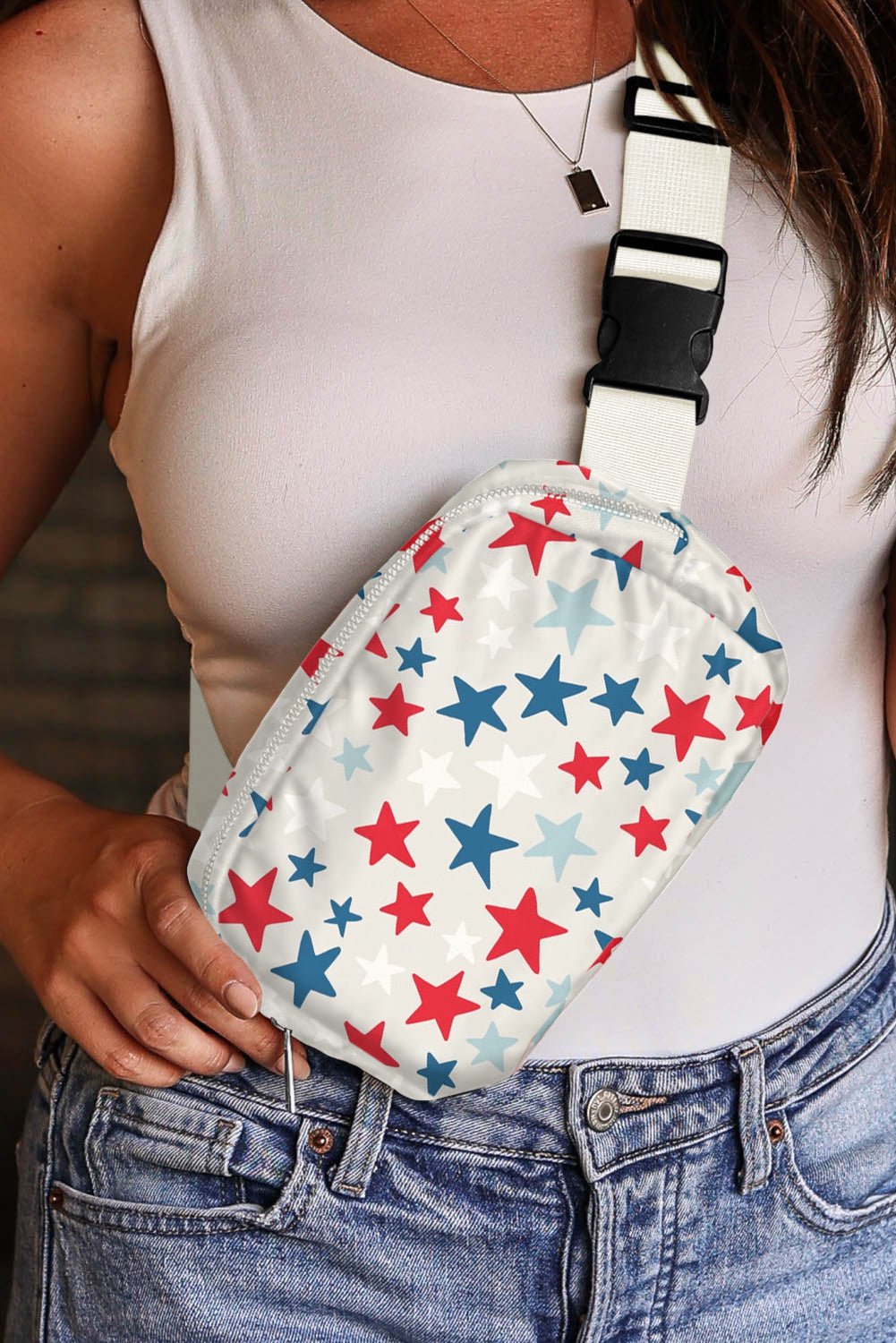 White Star Printed Buckle Strap Flag Day Crossbody Bag - Goddess Vibes