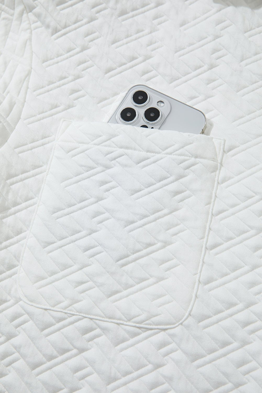 Crowned Energy CO. White / S / 95%Polyester+5%Elastane Dear-Lover Dropshipping Tops/Sweatshirts & Hoodies White Textured Pocketed Collared V Neck Pullover Sweatshirt