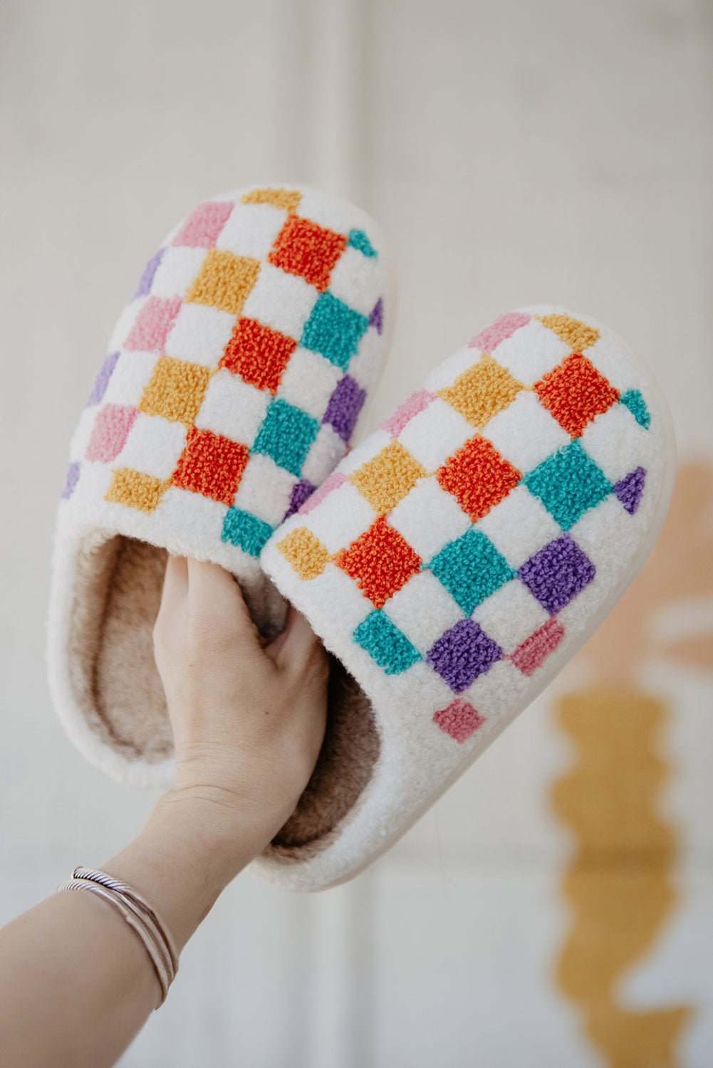 White Vibrant Checkered Plush Thermal Slippers - Crowned Energy CO.