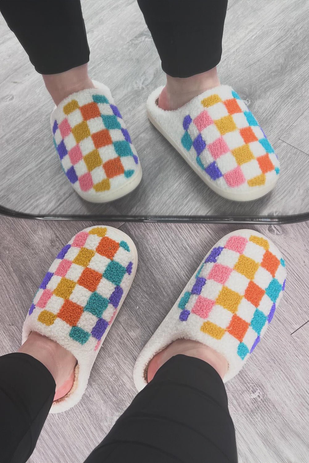 White Vibrant Checkered Plush Thermal Slippers - Crowned Energy CO.