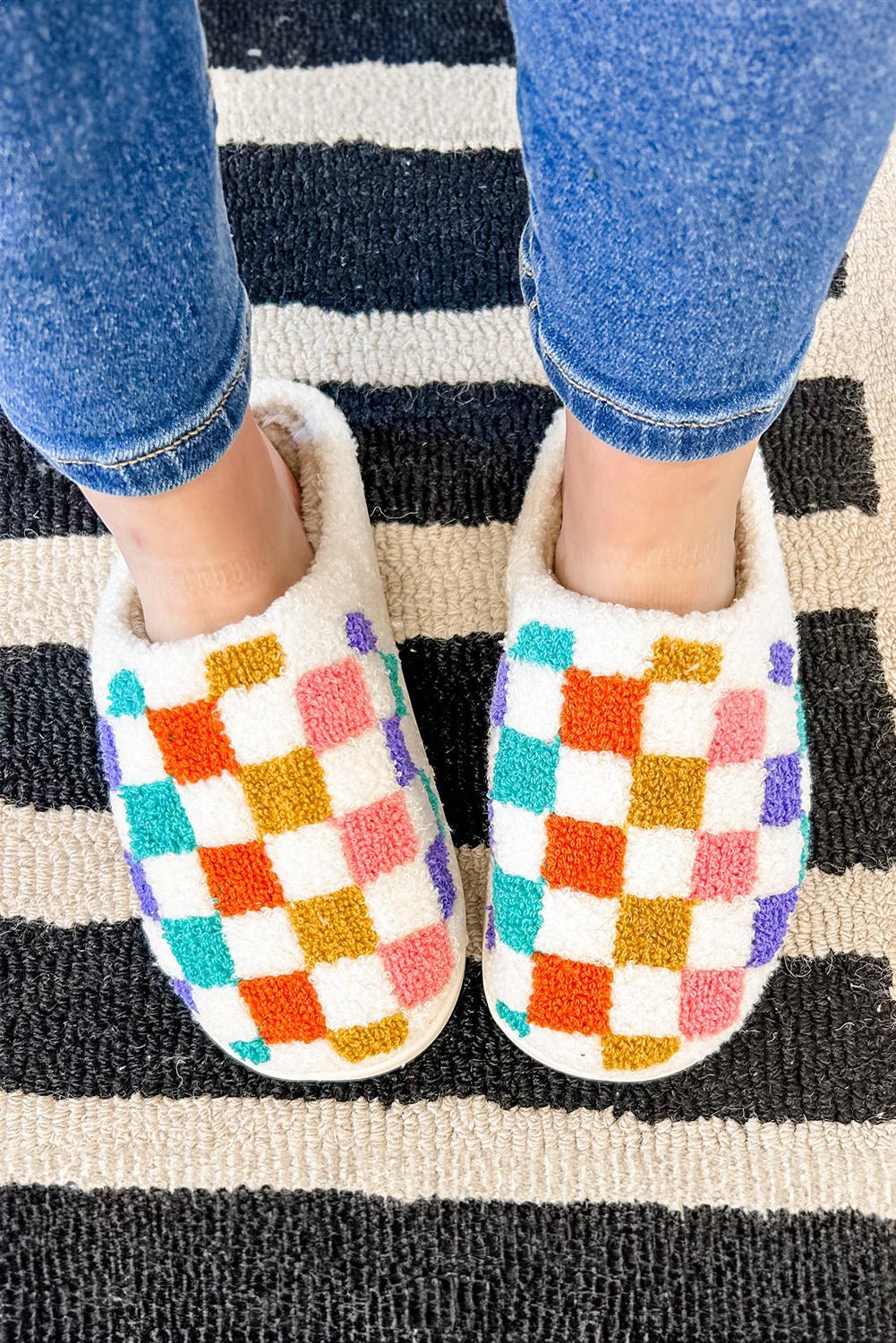 White Vibrant Checkered Plush Thermal Slippers - Crowned Energy CO.