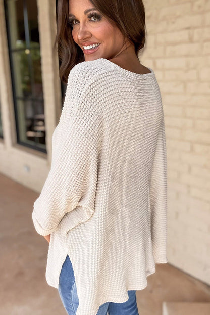 White Waffle Knit Side Slits Loose Fit V Neck Top - Goddess Vibes