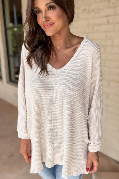 White Waffle Knit Side Slits Loose Fit V Neck Top - Goddess Vibes