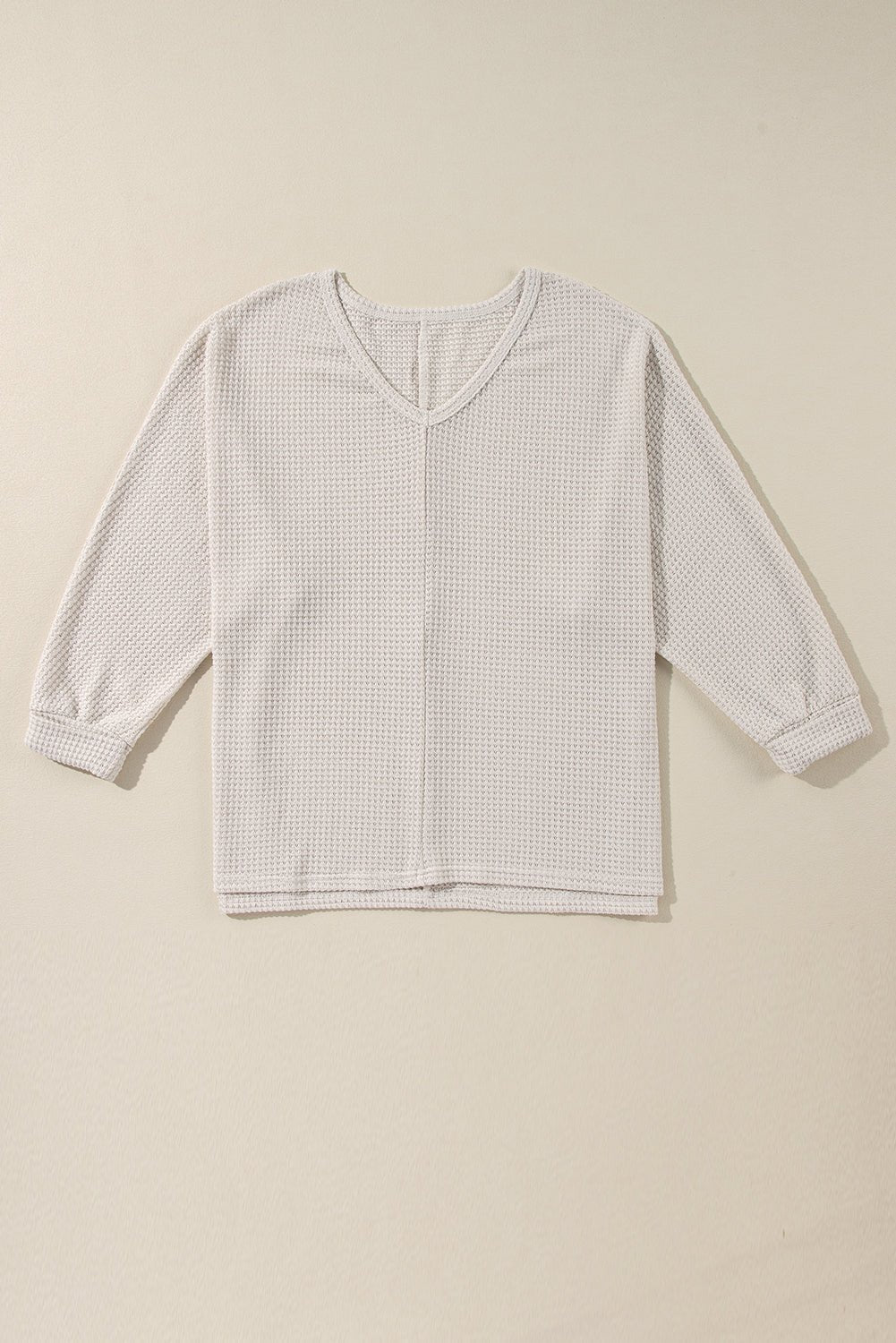 White Waffle Knit Side Slits Loose Fit V Neck Top - Goddess Vibes