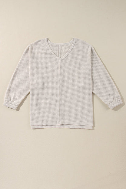 White Waffle Knit Side Slits Loose Fit V Neck Top - Goddess Vibes