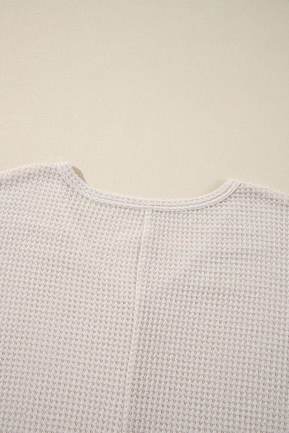 White Waffle Knit Side Slits Loose Fit V Neck Top - Goddess Vibes