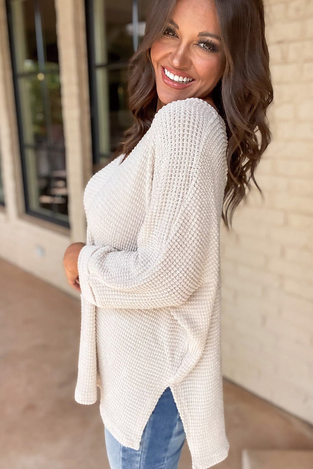 White Waffle Knit Side Slits Loose Fit V Neck Top - Goddess Vibes