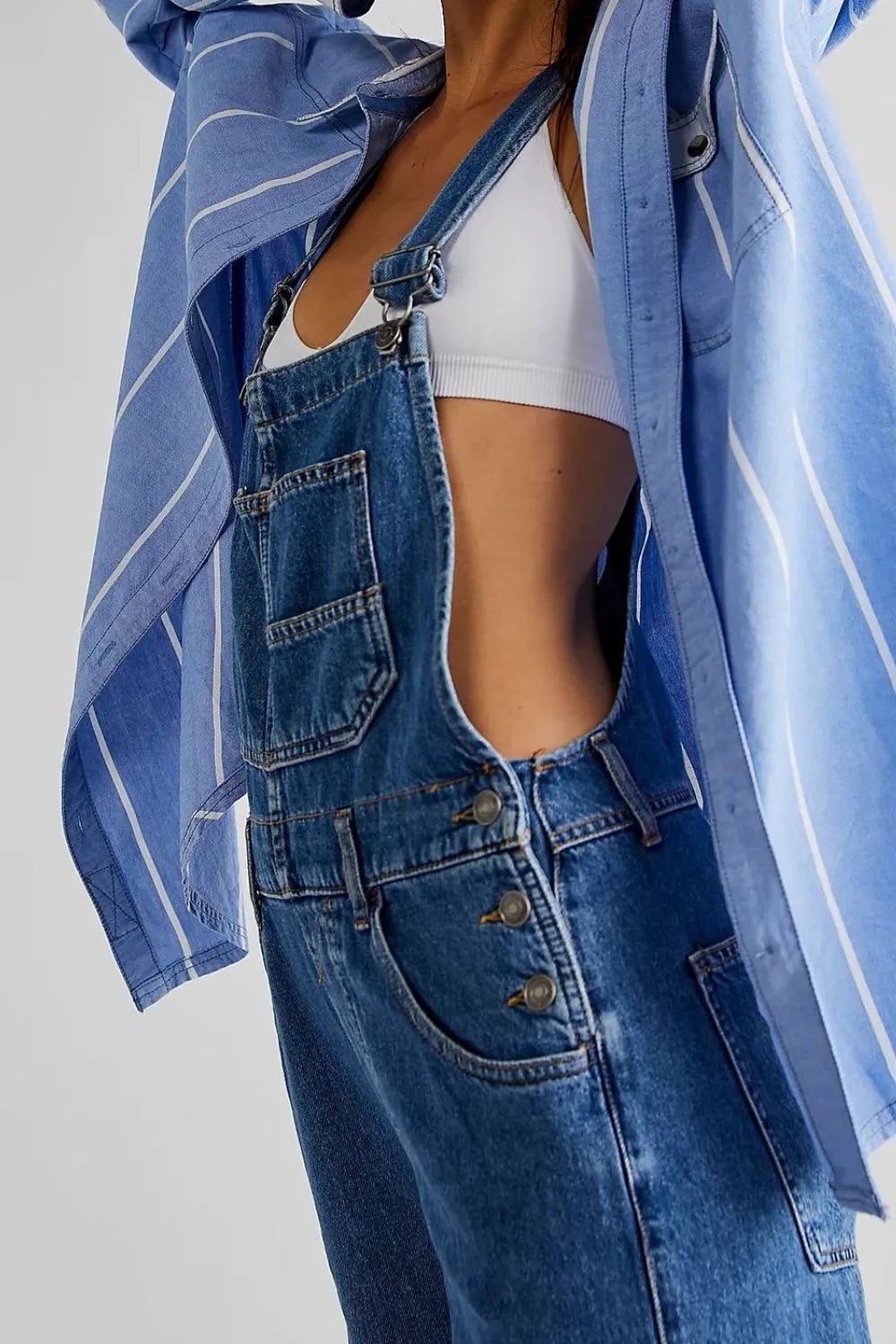 Wide Strap Square Neck Denim Overalls - Crowned Energy CO.
