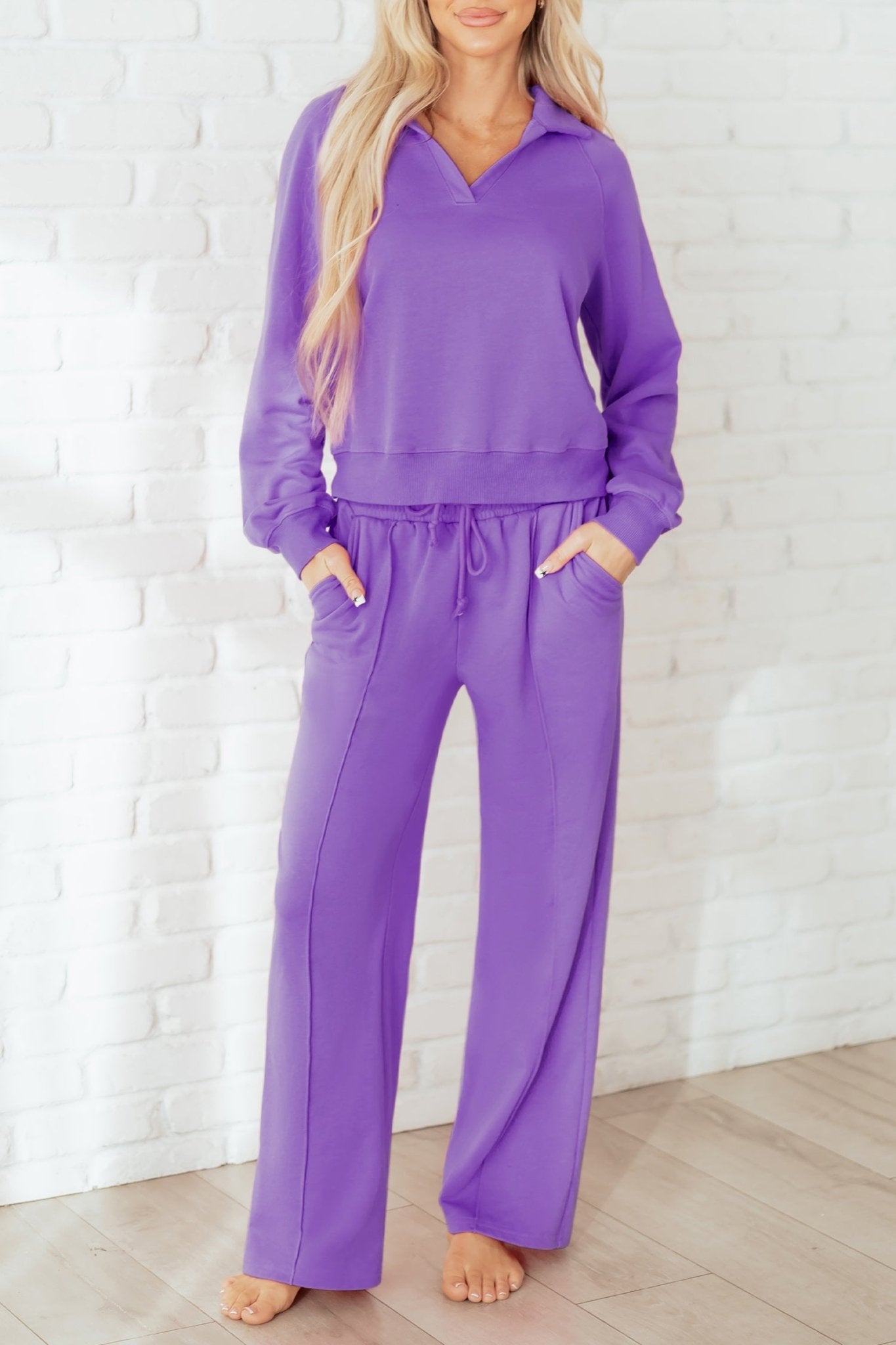 Wisteria Solid Color Collared Pullover and Central Seam Pants Set - Crowned Energy CO.