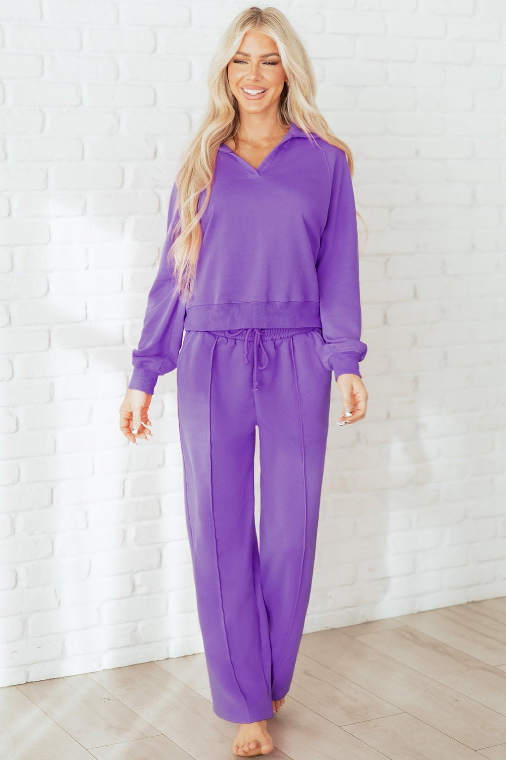 Wisteria Solid Color Collared Pullover and Central Seam Pants Set - Crowned Energy CO.