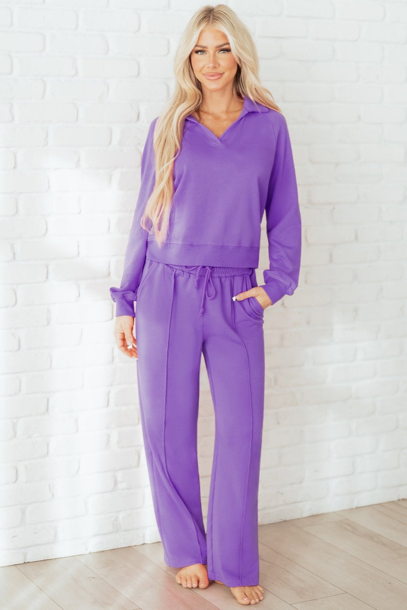 Wisteria Solid Color Collared Pullover and Central Seam Pants Set - Crowned Energy CO.