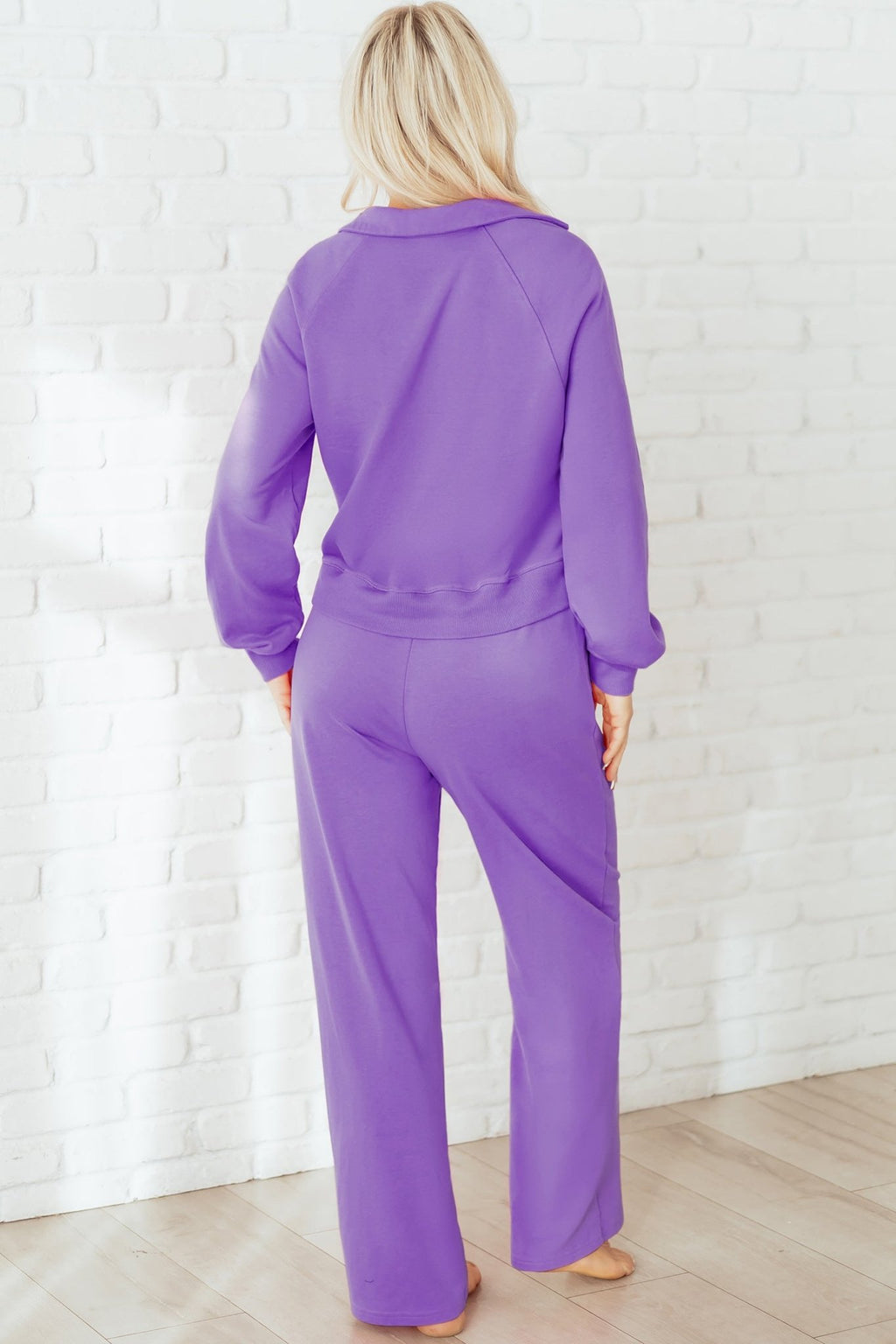 Wisteria Solid Color Collared Pullover and Central Seam Pants Set - Crowned Energy CO.