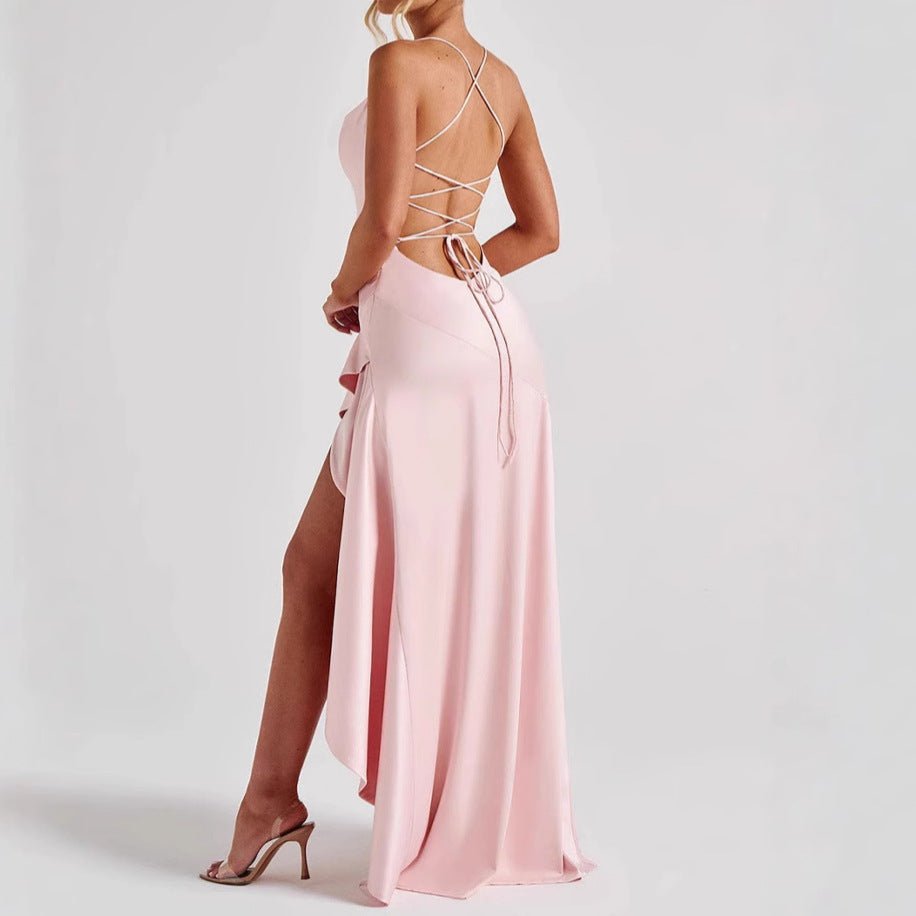 Women's Backless Ruffles Irregular Dress Summer Fashion Evening Party Club Split Suspender Maxi Dresses Clothing - Goddess Vibes
