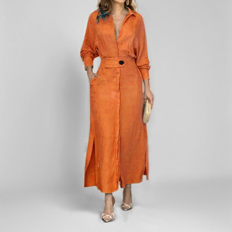 Women's Elegant Tied Solid Color Waisted Long - sleeved Shirt Dress - Goddess Vibes