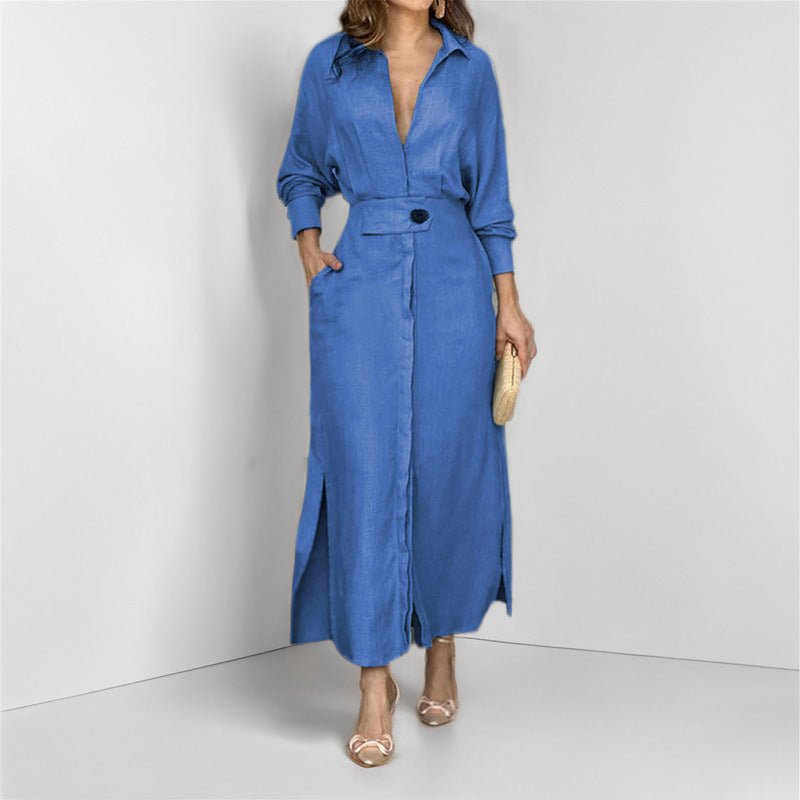 Crowned Energy CO. Blue / 2XL Goddess Vibes Dresses Women's Elegant Tied Solid Color Waisted Long-sleeved Shirt Dress