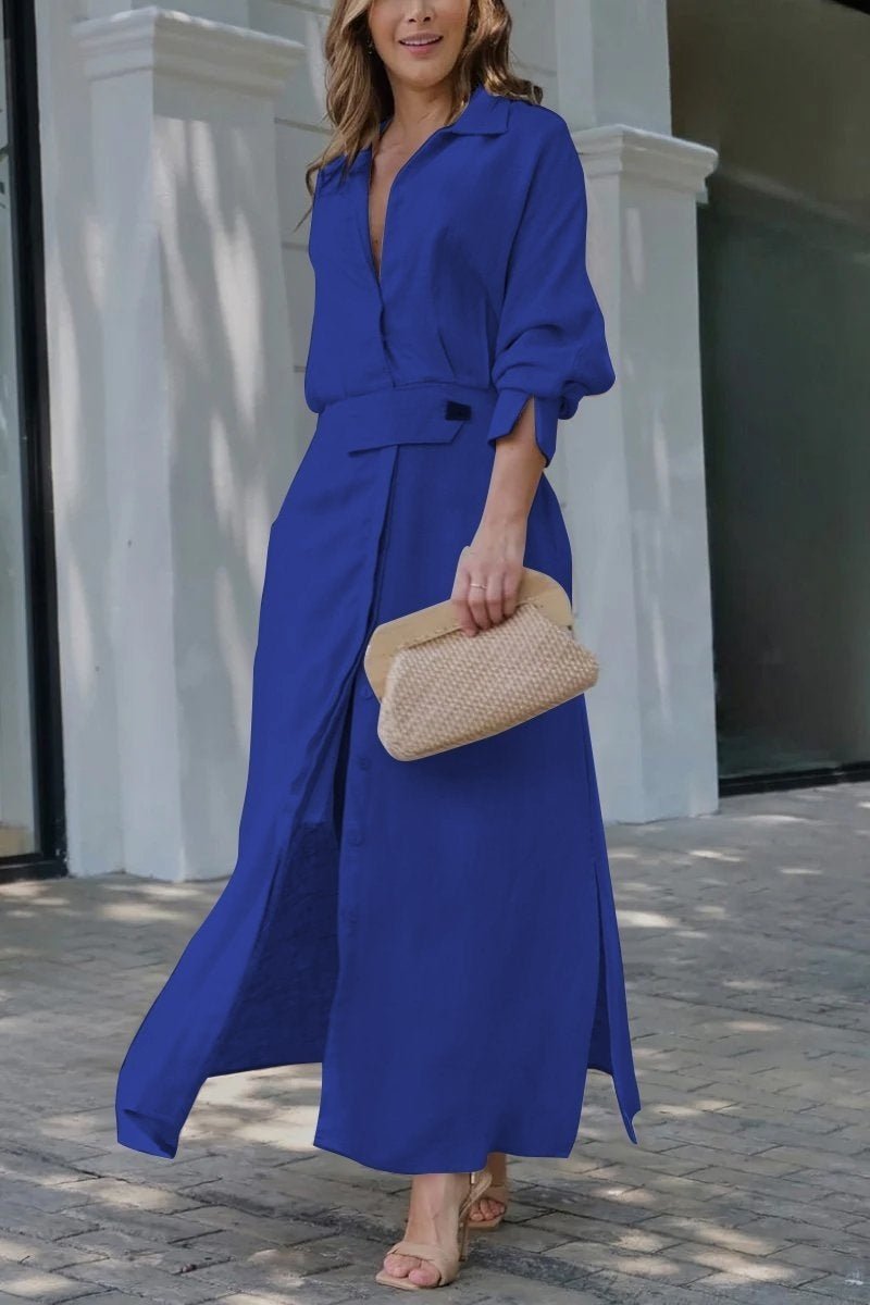 Crowned Energy CO. Blue A / 2XL Goddess Vibes Dresses Women's Elegant Tied Solid Color Waisted Long-sleeved Shirt Dress