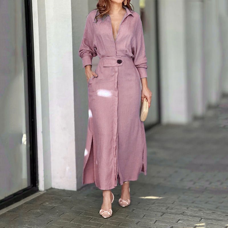 Crowned Energy CO. Pink / 2XL Goddess Vibes Dresses Women's Elegant Tied Solid Color Waisted Long-sleeved Shirt Dress