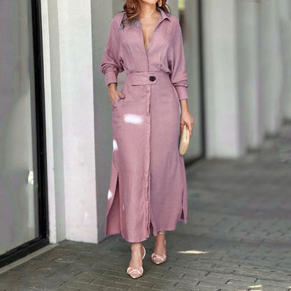 Women's Elegant Tied Solid Color Waisted Long - sleeved Shirt Dress - Goddess Vibes