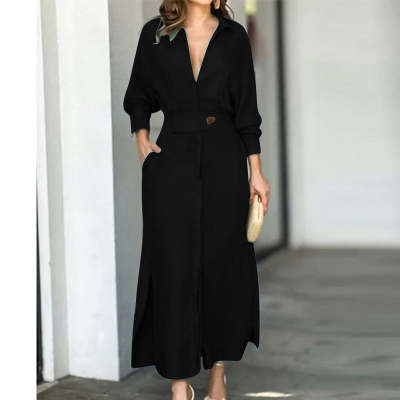 Crowned Energy CO. Black / 2XL Goddess Vibes Dresses Women's Elegant Tied Solid Color Waisted Long-sleeved Shirt Dress