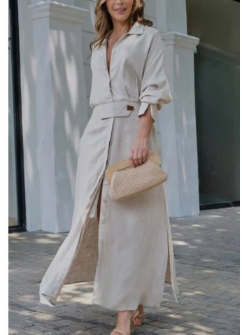 Crowned Energy CO. Apricot A / 2XL Goddess Vibes Dresses Women's Elegant Tied Solid Color Waisted Long-sleeved Shirt Dress