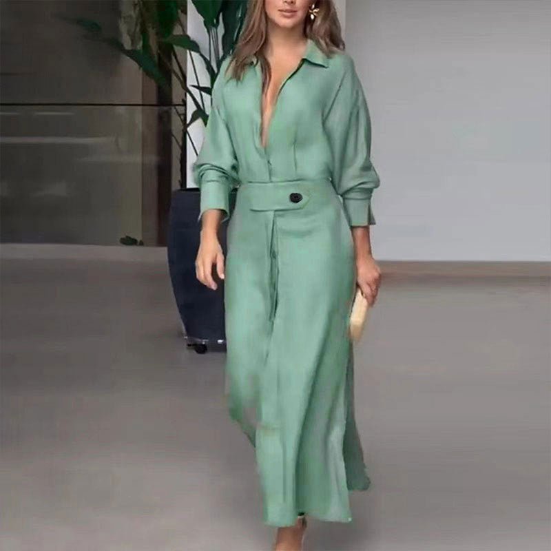 Women's Elegant Tied Solid Color Waisted Long - sleeved Shirt Dress - Goddess Vibes