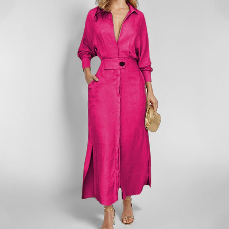 Crowned Energy CO. Rose Red / 2XL Goddess Vibes Dresses Women's Elegant Tied Solid Color Waisted Long-sleeved Shirt Dress
