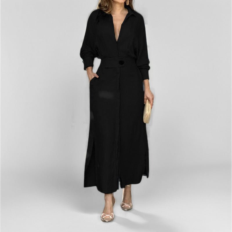 Crowned Energy CO. Black / 3XL Goddess Vibes Dresses Women's Elegant Tied Solid Color Waisted Long-sleeved Shirt Dress