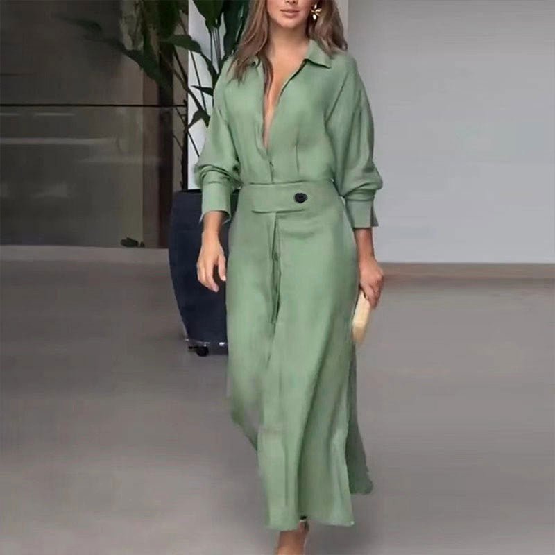 Crowned Energy CO. Green / 2XL Goddess Vibes Dresses Women's Elegant Tied Solid Color Waisted Long-sleeved Shirt Dress