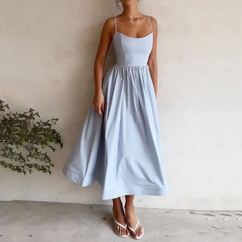 Crowned Energy CO. Blue / 2XL Goddess Vibes Dresses Women's Solid Color Printing Fresh Sweet Sexy Suspender Dress