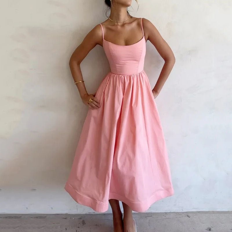 Crowned Energy CO. Pink / 2XL Goddess Vibes Dresses Women's Solid Color Printing Fresh Sweet Sexy Suspender Dress