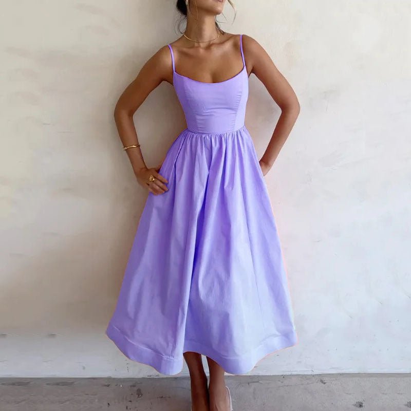 Crowned Energy CO. Purple / 2XL Goddess Vibes Dresses Women's Solid Color Printing Fresh Sweet Sexy Suspender Dress