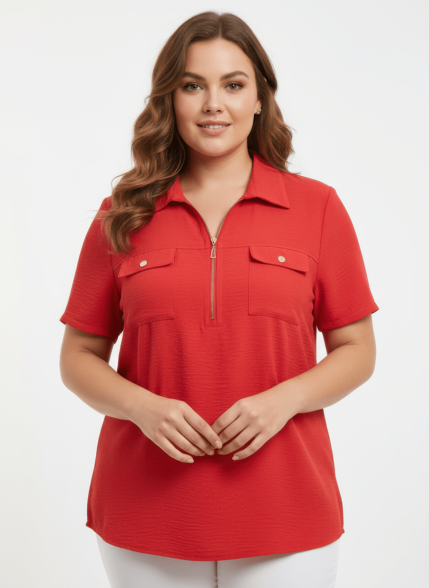 Zip - front Collared Utility Knit Top - Crowned Energy CO.