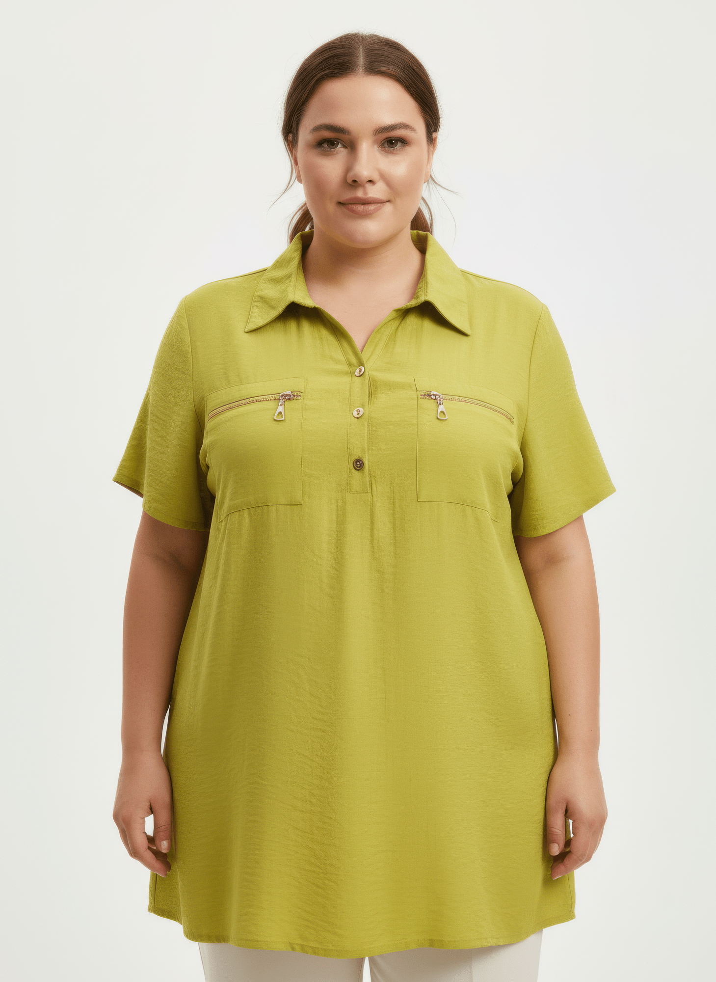 Zip Pocket Collared Knit Tunic Top - Crowned Energy CO.